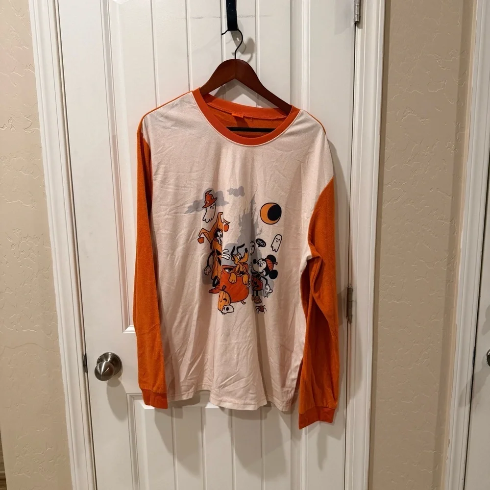 Disney Halloween*NO SIZE TAG* Long Sleeve T-Shirt Mickey & Friends Orange White - Picture 2 of 10
